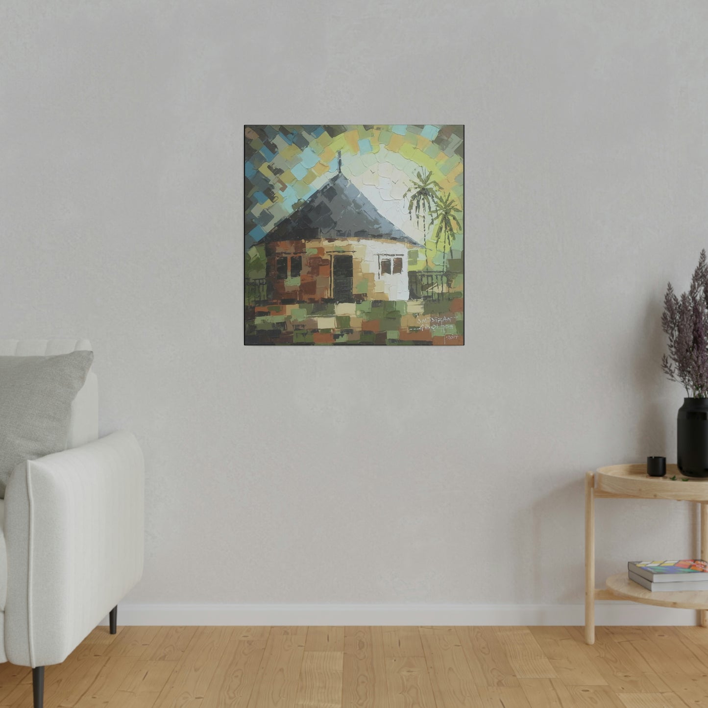 "Oil on velvet African mud house painting" Limited edition print