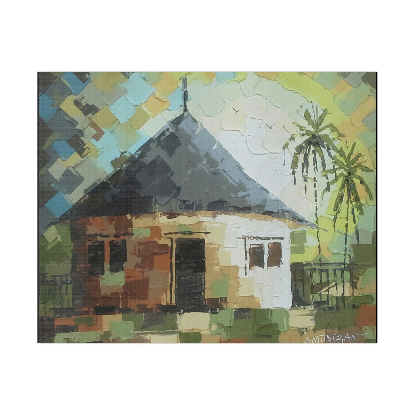 "Oil on velvet African mud house painting" Limited edition print