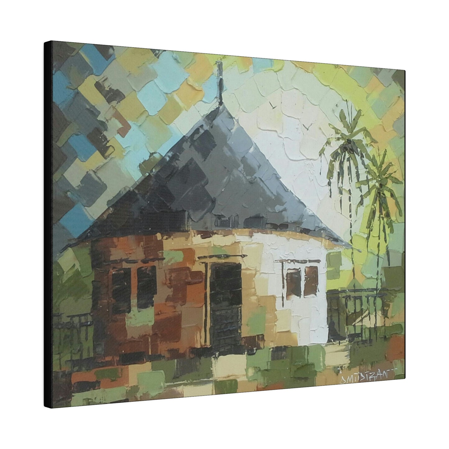 "Oil on velvet African mud house painting" Limited edition print