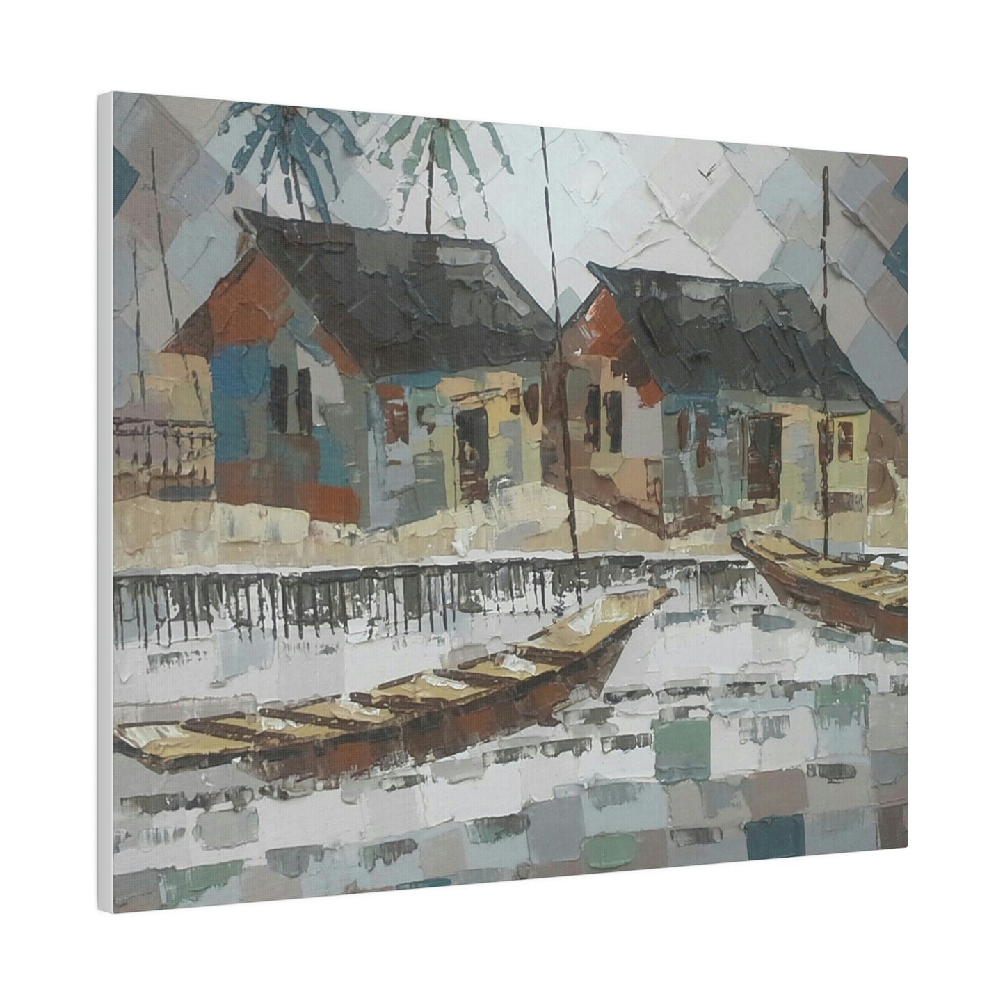 "Oil on velvet village boat scene" Limited edition print