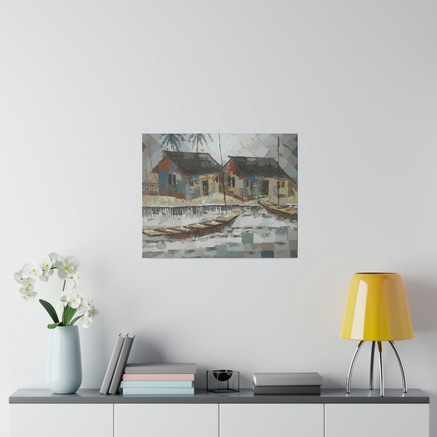 "Oil on velvet village boat scene" Limited edition print