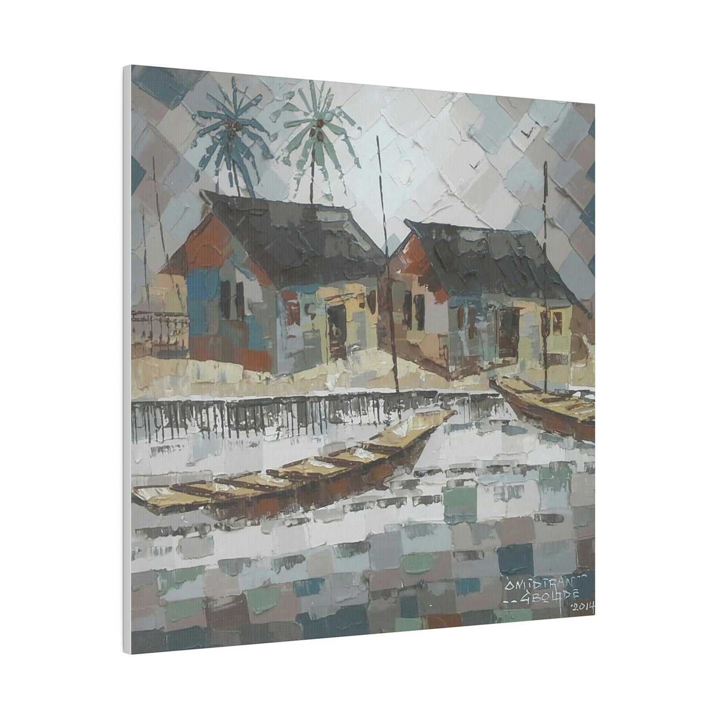 "Oil on velvet village boat scene" Limited edition print