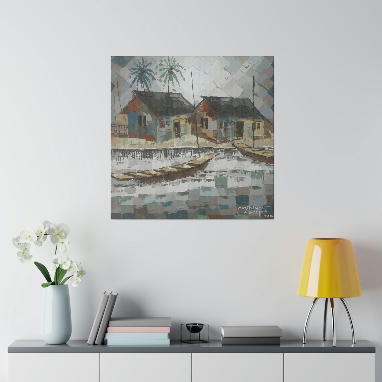 "Oil on velvet village boat scene" Limited edition print