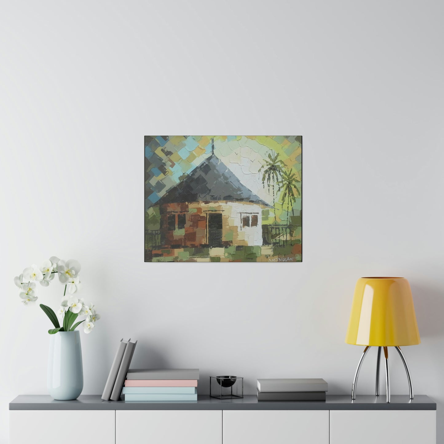 "Oil on velvet African mud house painting" Limited edition print