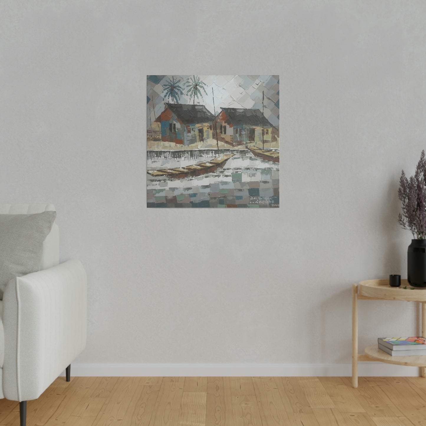 "Oil on velvet village boat scene" Limited edition print