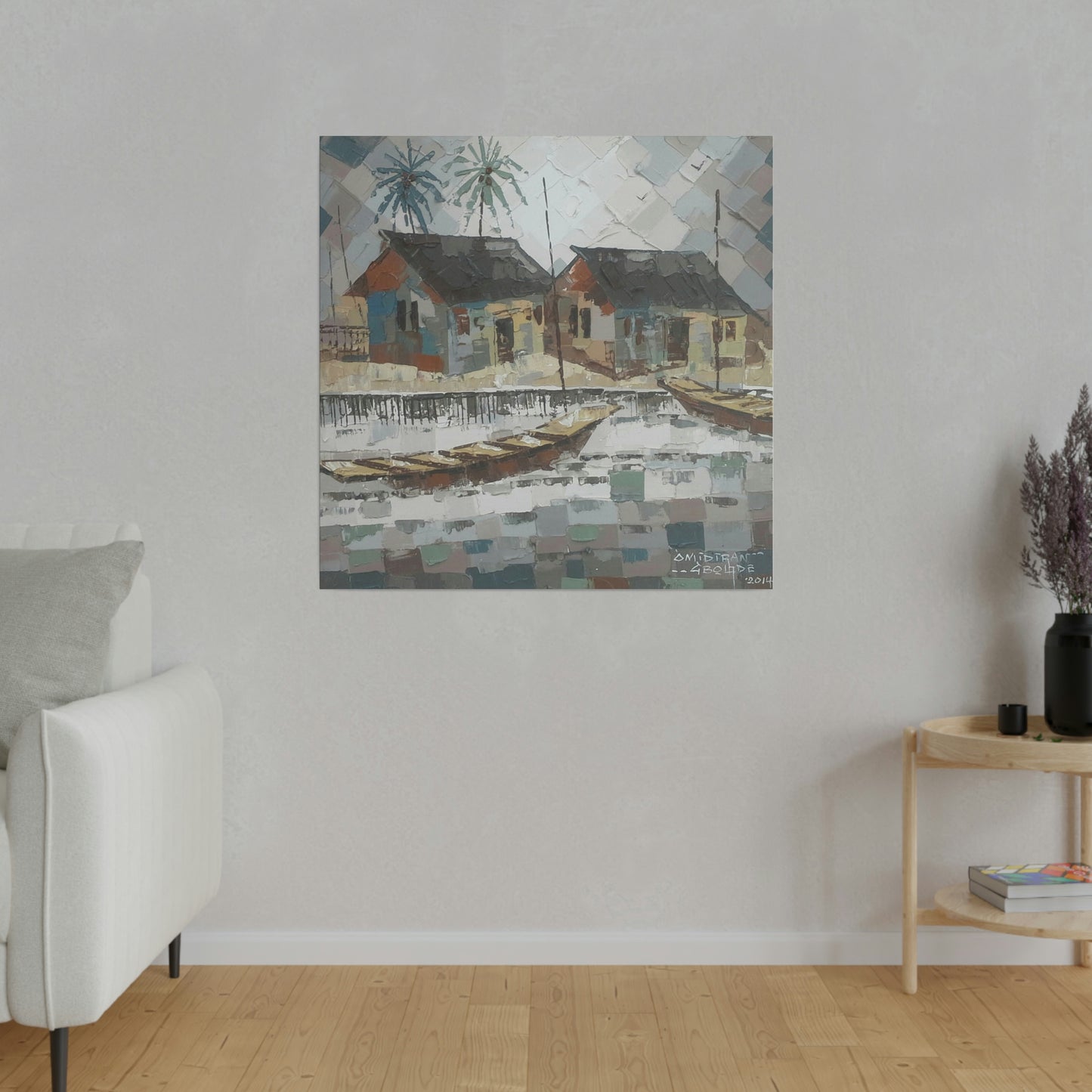 "Oil on velvet village boat scene" Limited edition print