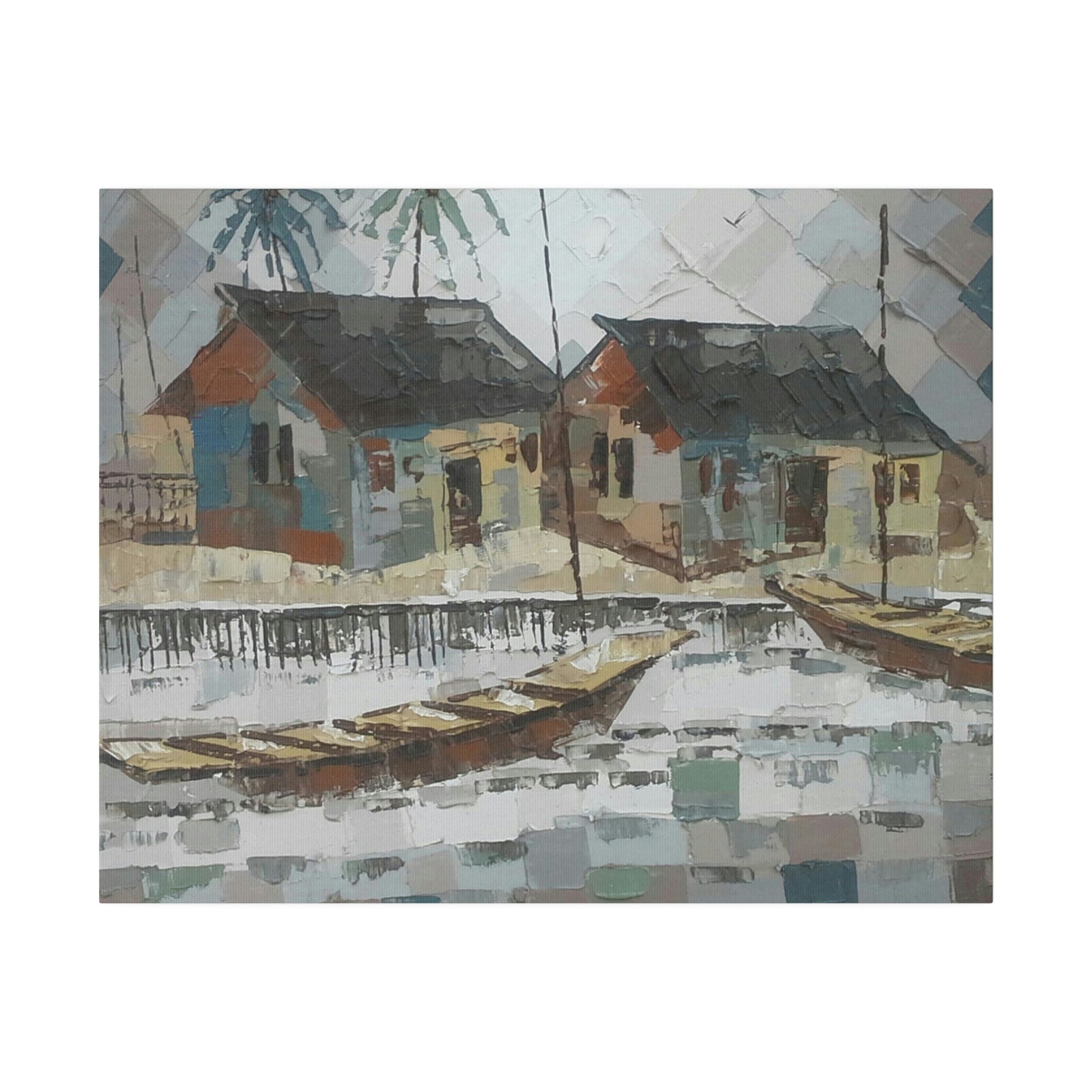 "Oil on velvet village boat scene" Limited edition print