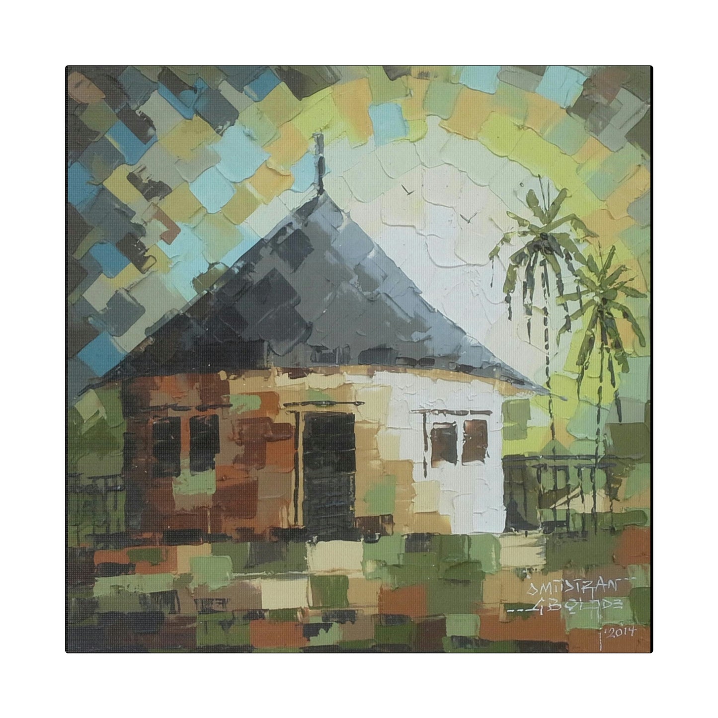 "Oil on velvet African mud house painting" Limited edition print