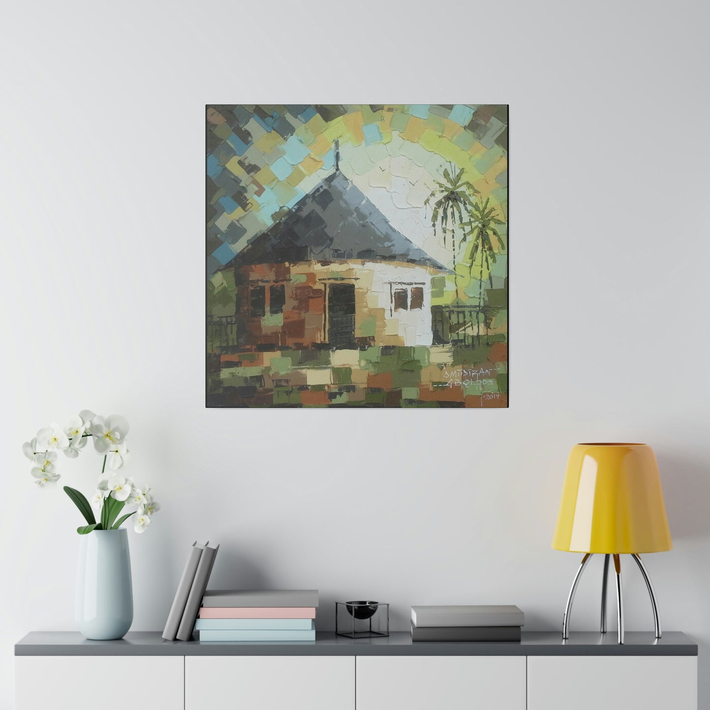 "Oil on velvet African mud house painting" Limited edition print