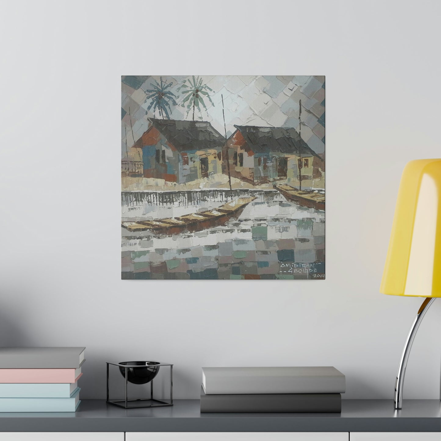 "Oil on velvet village boat scene" Limited edition print